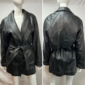 Vintage 90s Leather Limited Women’s M Black Belted Trench Coat Y2K Insulated